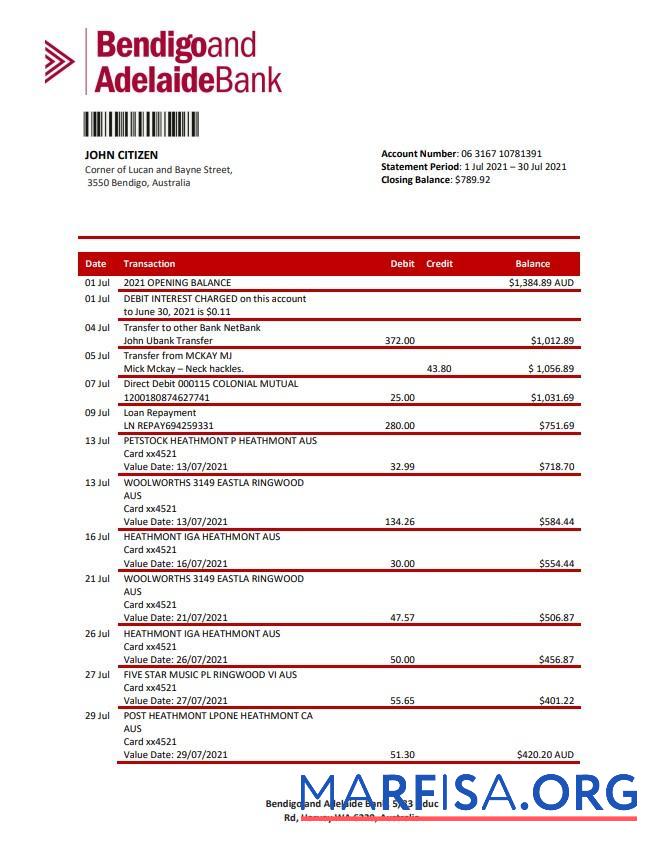 Realistic Australia Bendigo and Adelaide Bank bank statement sample